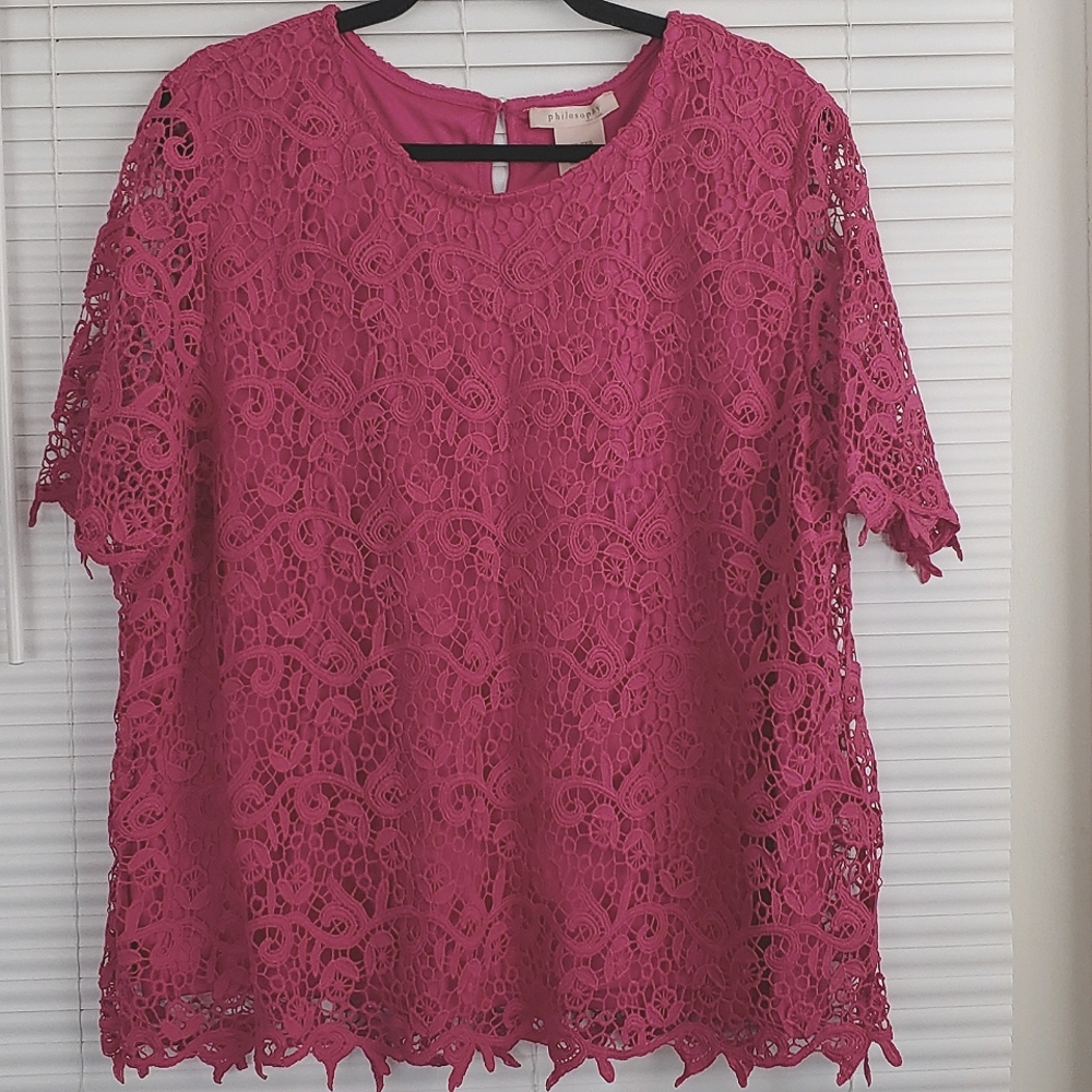 NWT Philosophy Pink Lace Top XXL Short Sleeve Floral Feminine Blouse